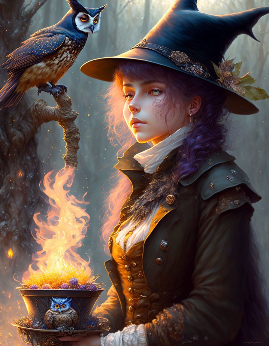 Young woman in witch attire with glowing bowl and owls in fantastical scene