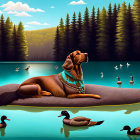 Dog in Blue Scarf Sitting Among Ducks on Rock by Serene Lake