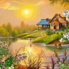 Tranquil sunset scene with traditional houses, river, ducks, and blooming trees