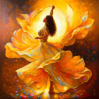 Golden dress woman dancing under shower of light and petals