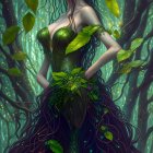 Mystical female figure with floral crown in verdant grove
