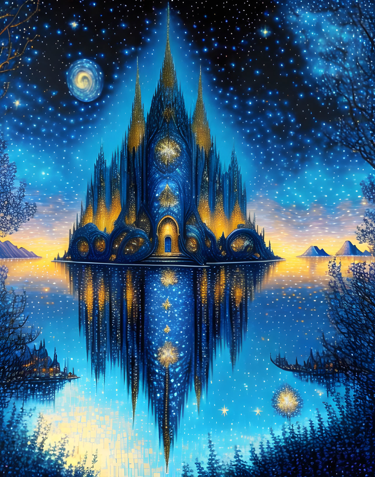 Enchanted castle with spires under starry night sky reflected on serene lake.