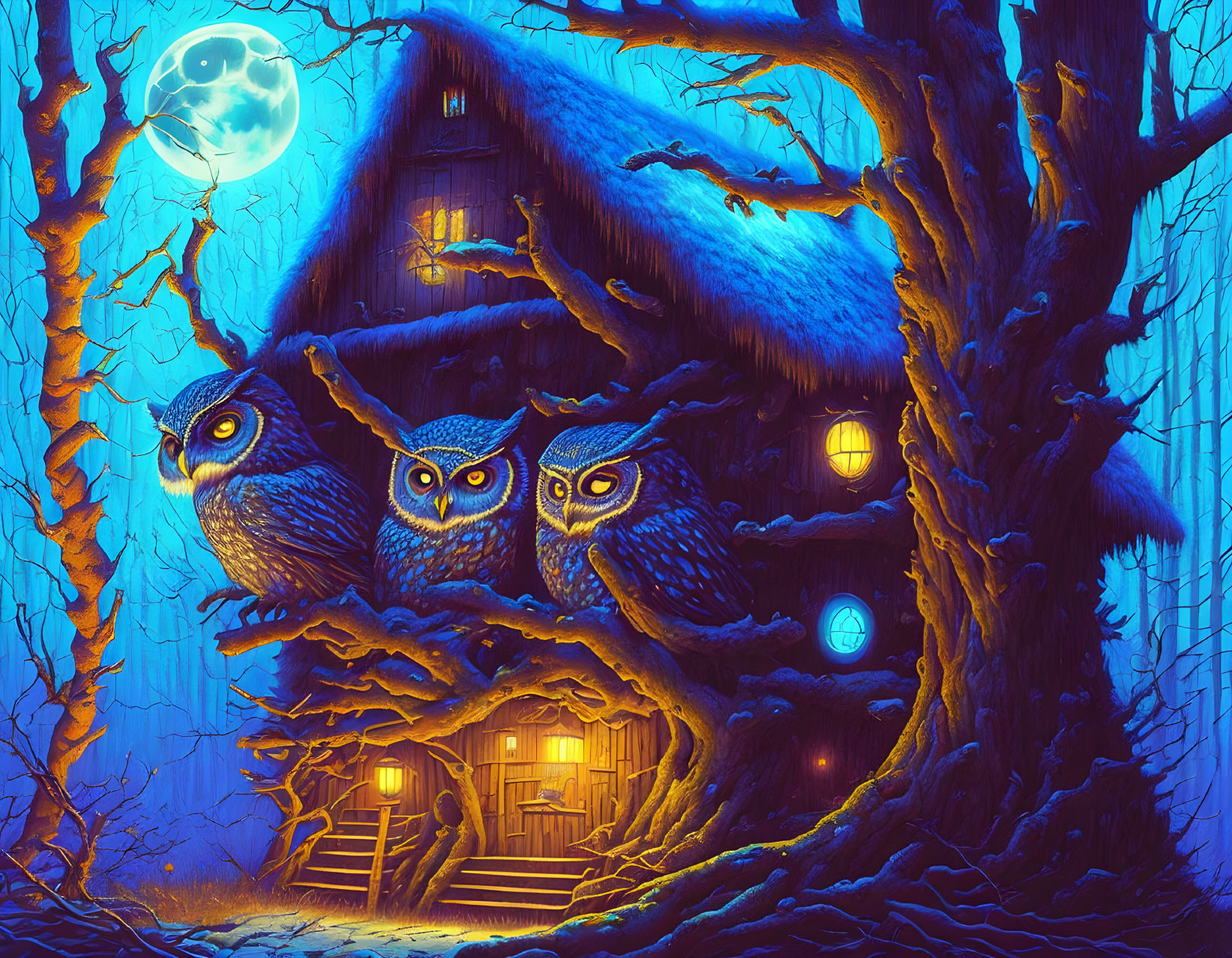 Night. Forest. The hut. Owls