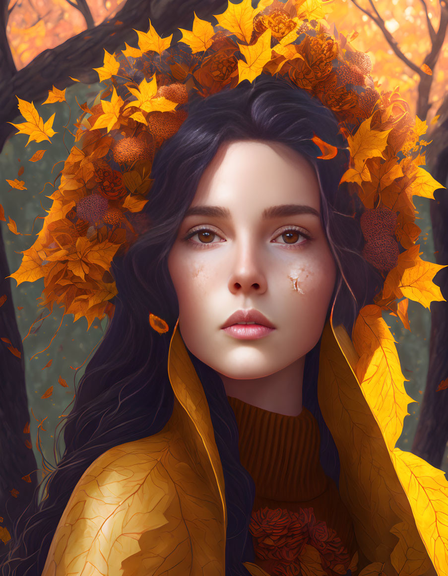 Dark-haired woman in autumn leaves and golden-yellow attire amidst serene fall scenery