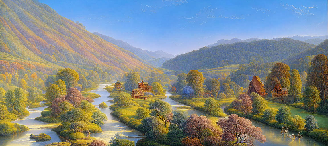 Tranquil landscape painting of river, valley, autumn trees, houses, misty mountains