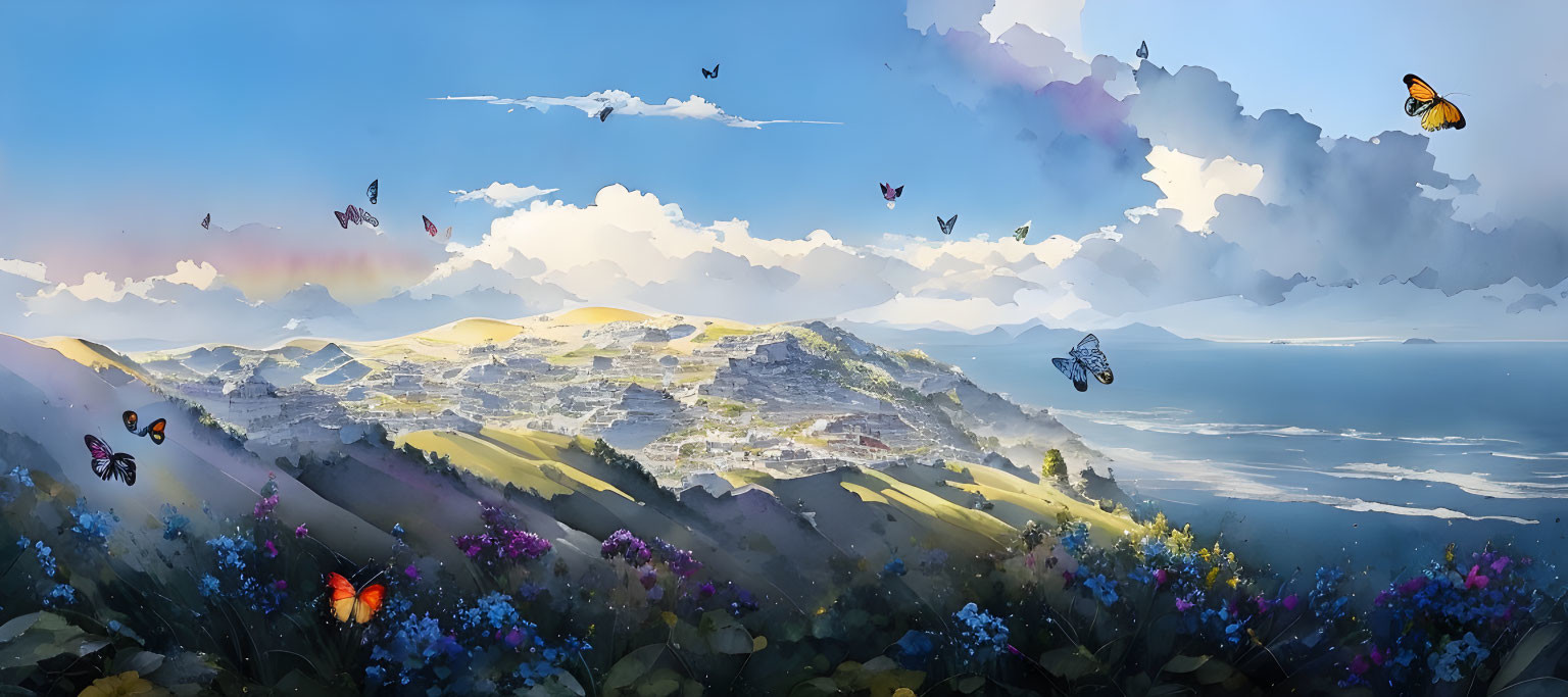 Panoramic landscape with hills, wildflowers, butterflies, ocean, and sky