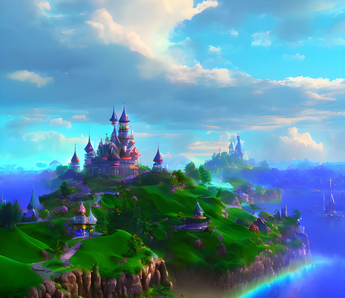 Majestic castle in vibrant fantasy landscape with rainbow