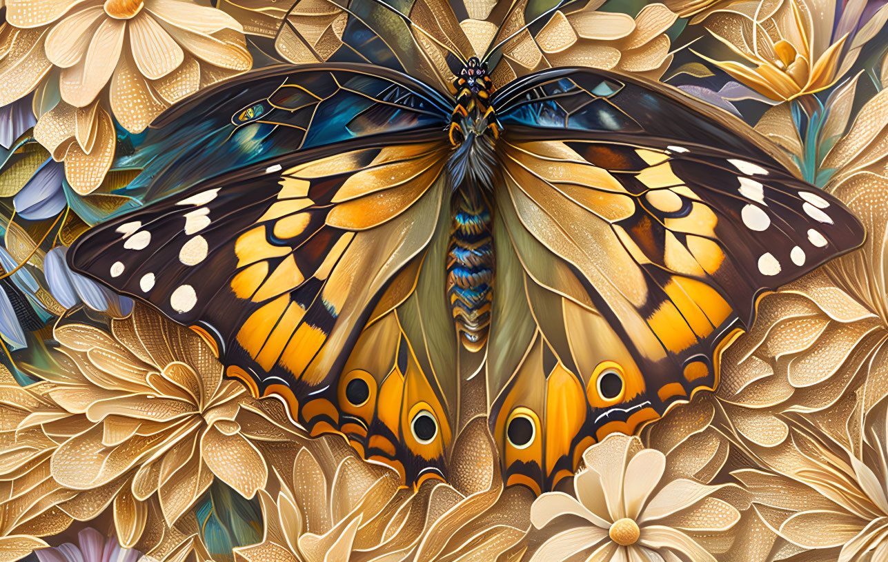 Detailed Butterfly Digital Art with Golden Flowers