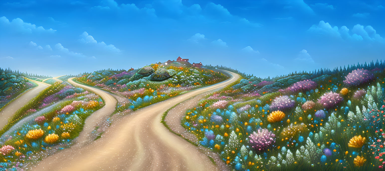Colorful landscape with winding dirt roads and blooming flowers under a blue sky.