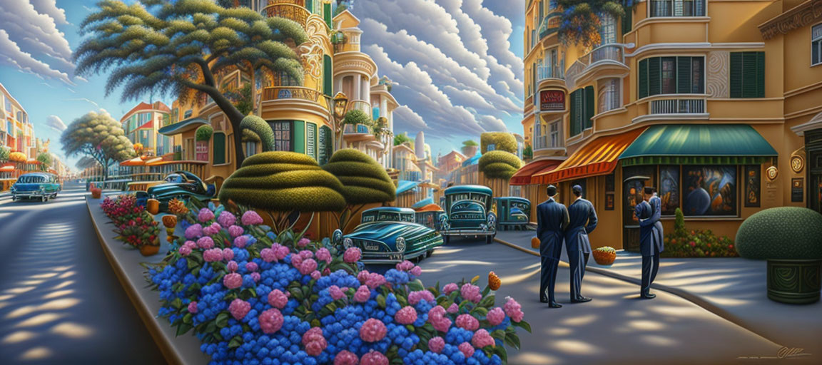 Classic cars, stylish people, colorful flowers, and ornate buildings in a vibrant street scene.