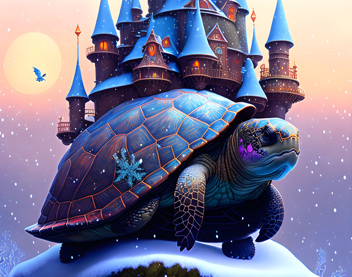 Fantastical tortoise with castle on shell under twilight sky in snowy landscape