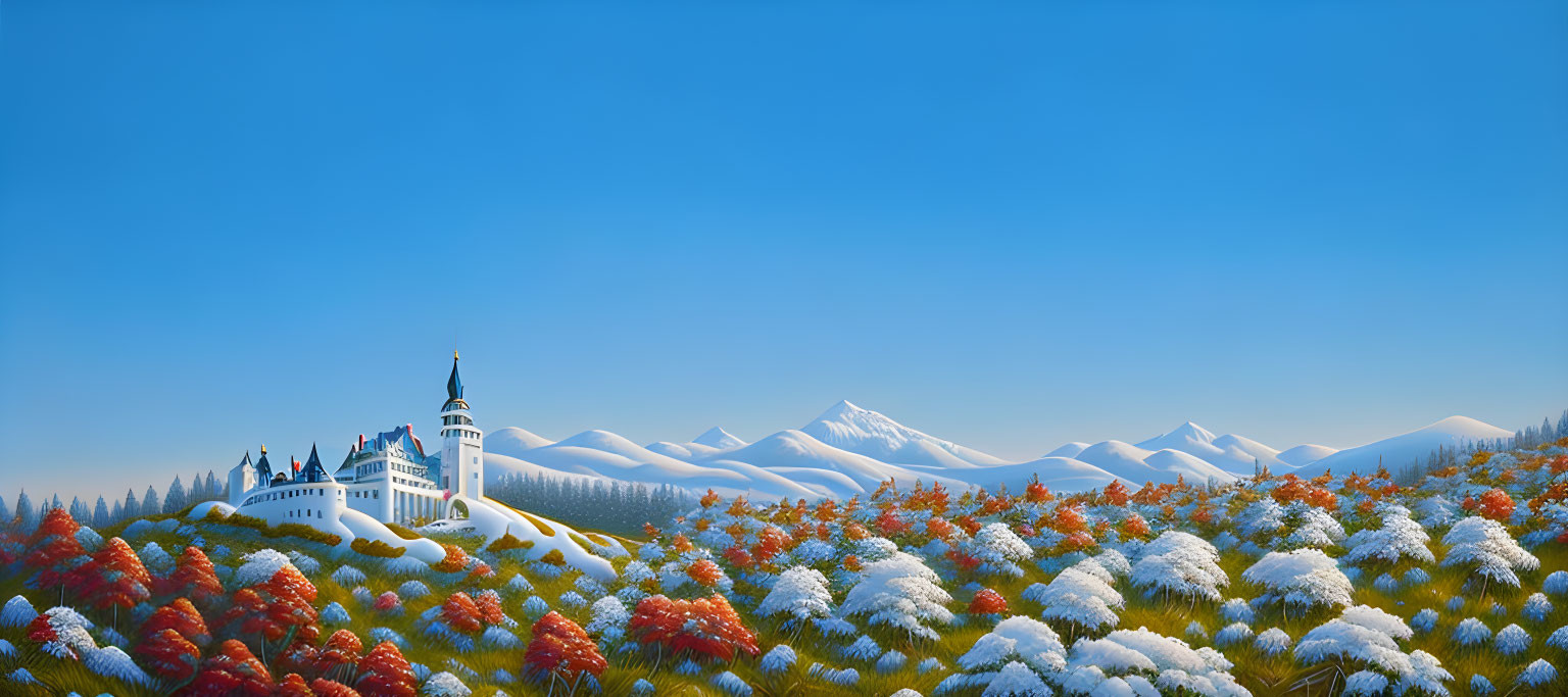 White Castle in Colorful Forest with Snow-Capped Mountains