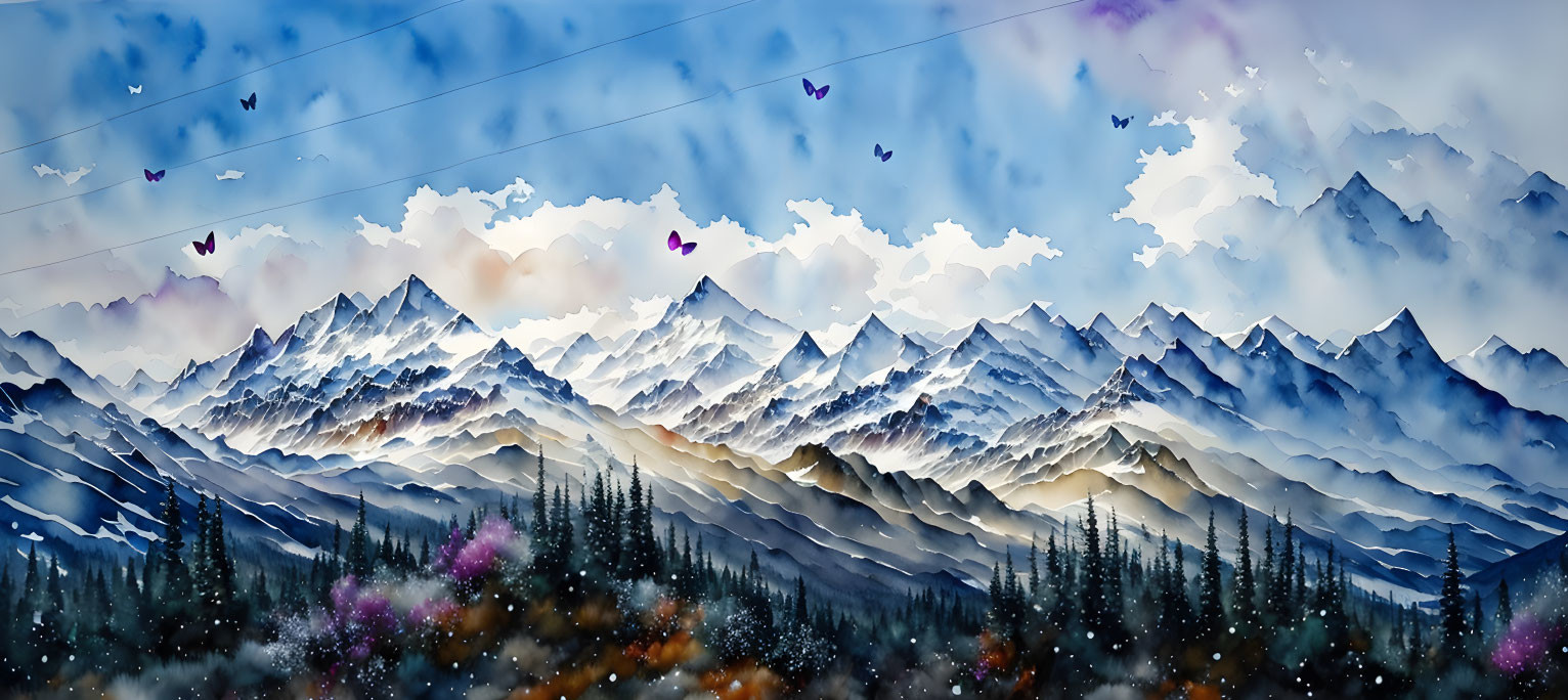 Panoramic watercolor landscape: snowy mountains, forest, birds, sunrise sky