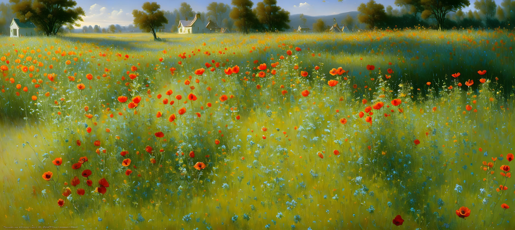 Tranquil landscape with red poppies, golden light, and distant houses