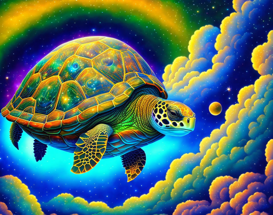 Colorful Cosmic Turtle Illustration with Star-Filled Shell