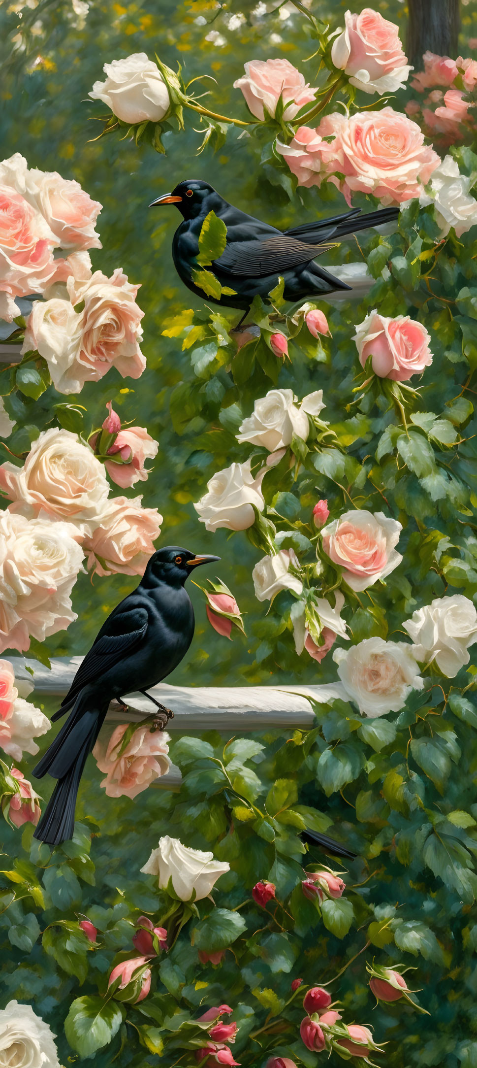Blackbirds perched on blooming pink and white roses in lush setting
