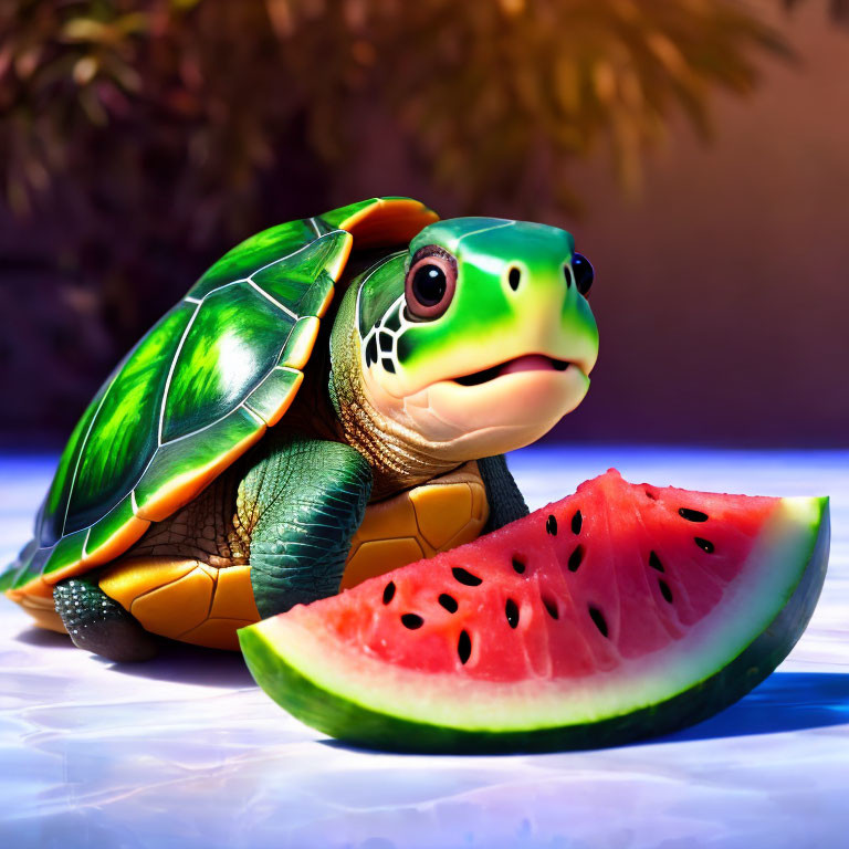 Bright Green Toy Turtle Nibbling Watermelon on Blue Background