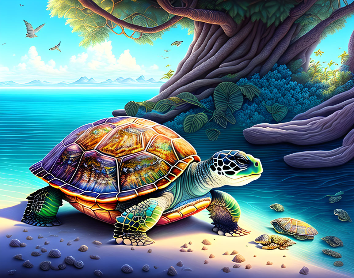 Colorful Sea Turtle Illustration on Sandy Beach with Tropical Landscape