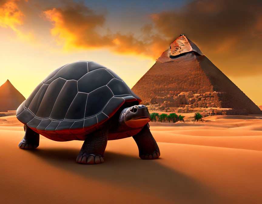 Tortoise with Great Sphinx and Pyramids in Egyptian Desert at Sunset