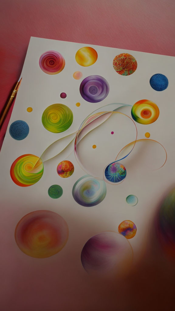 Colorful Circular Patterns and Swirls on Paper with Paintbrush on Pink Surface