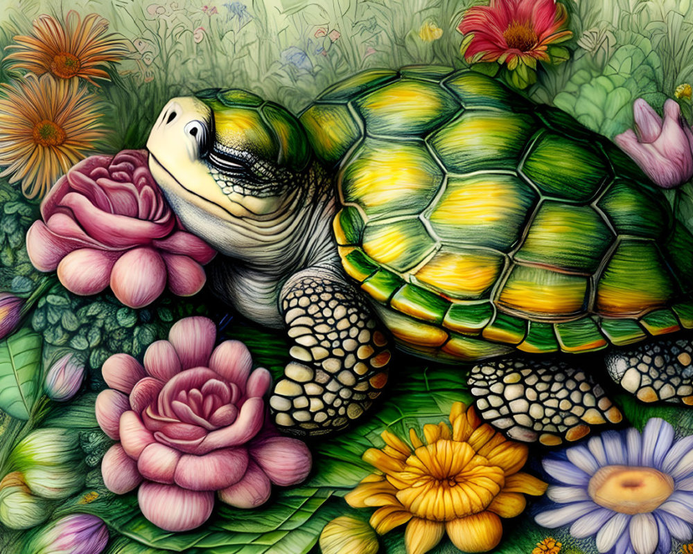 Colorful Turtle Among Lush Flowers Illustration