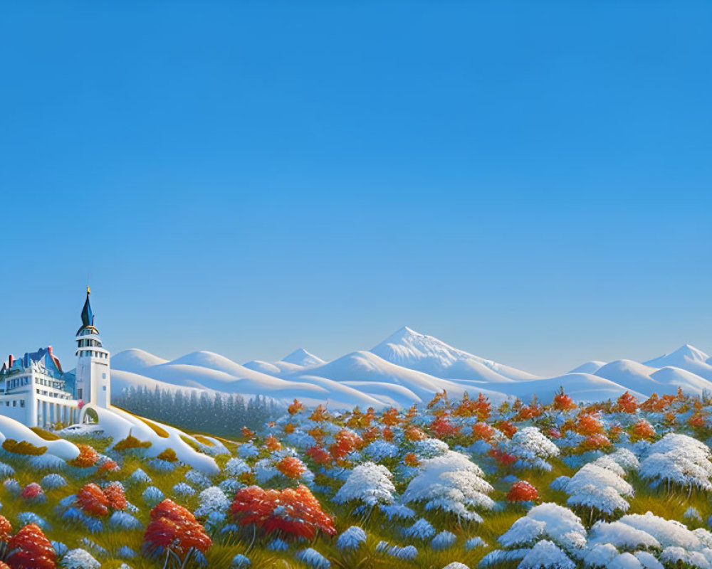White Castle in Colorful Forest with Snow-Capped Mountains