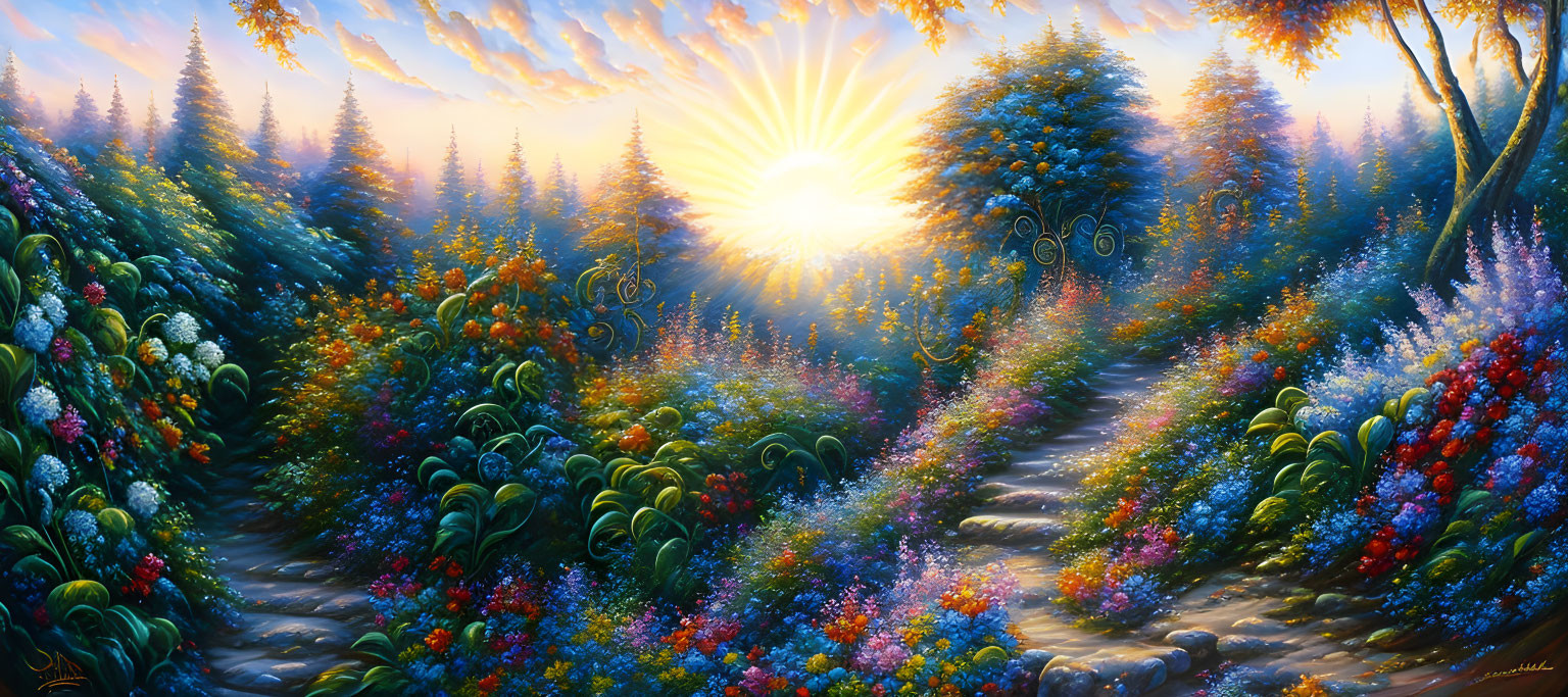 Vibrant landscape painting: sunlit path in blossom-filled forest
