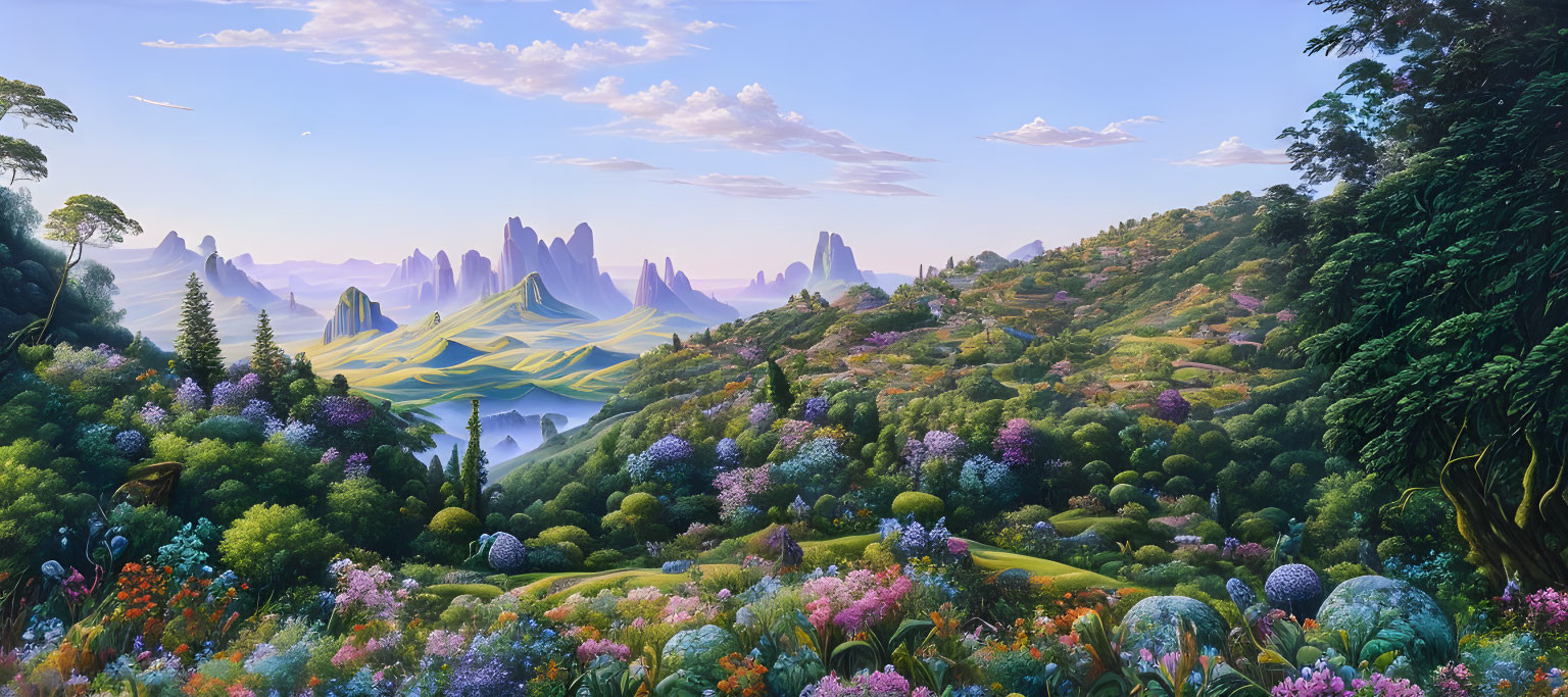 Panoramic fantasy landscape: vibrant flowers, lush hills, misty mountains.