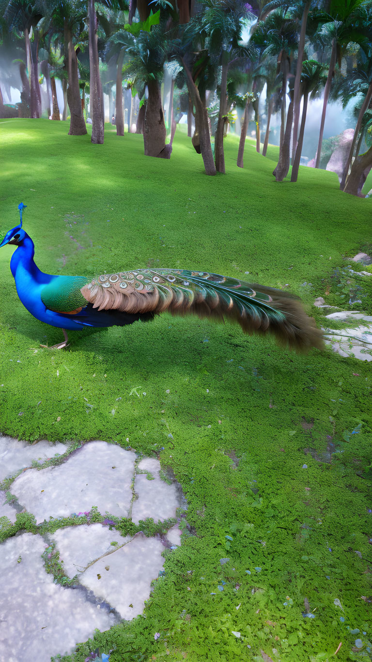 Colorful peacock in lush green forest with sunlight and flowers