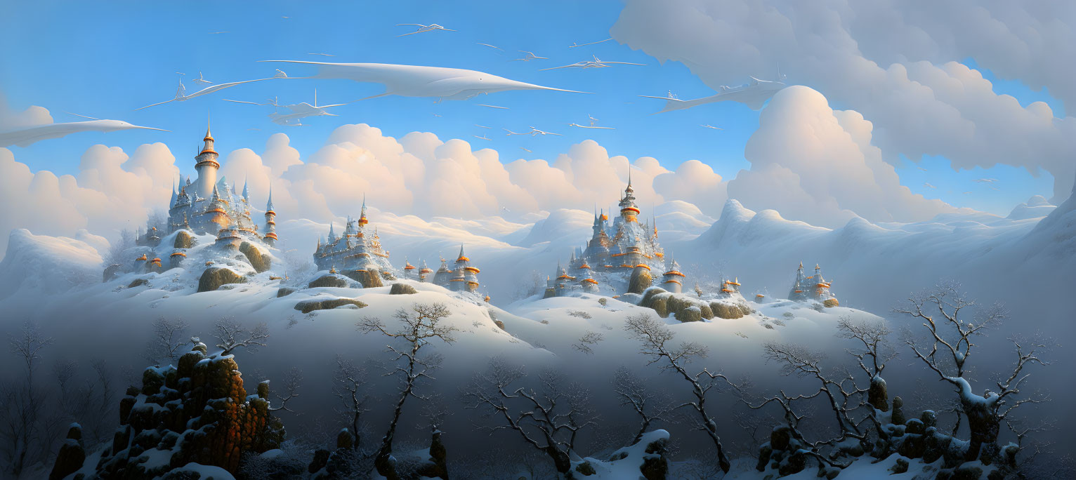 Fantasy snowy landscape with castles, birds, clouds & blue sky