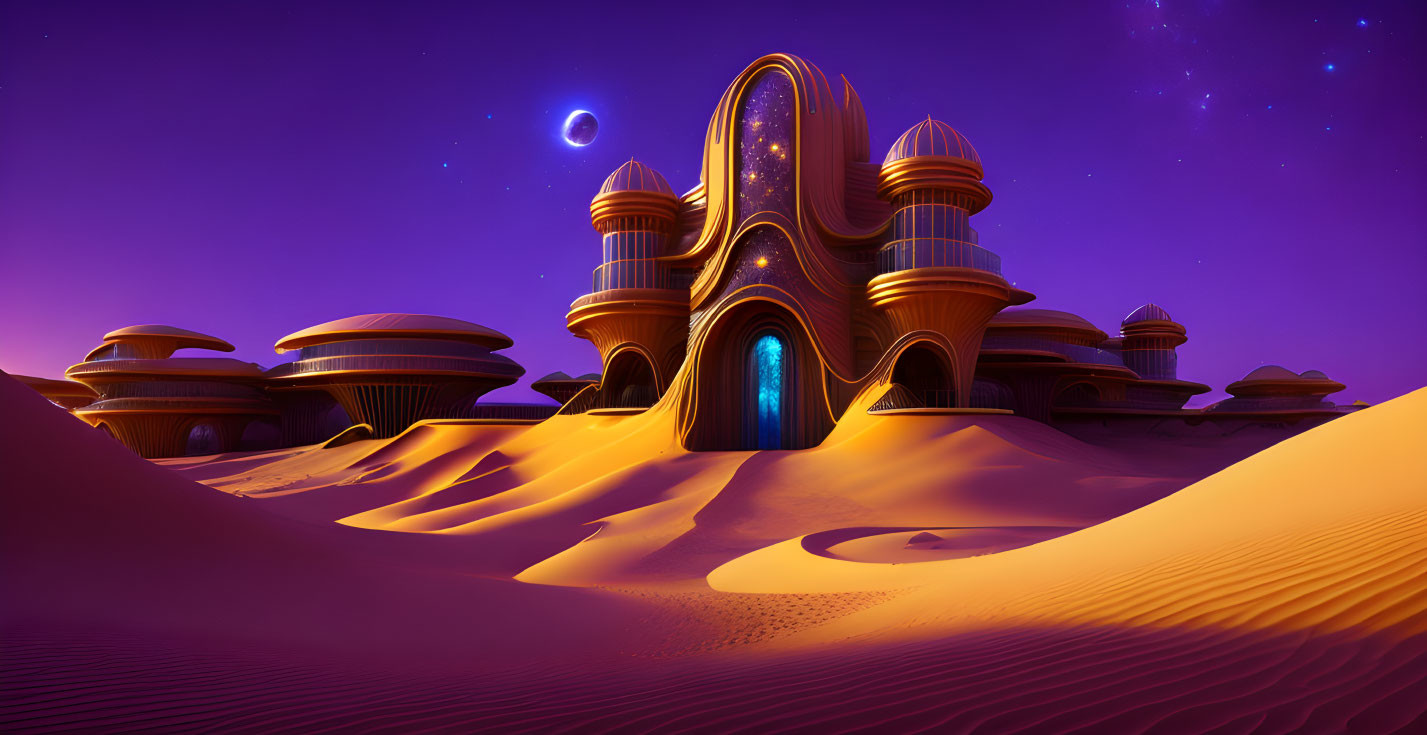 Futuristic desert city twilight scene with curved buildings under starry sky