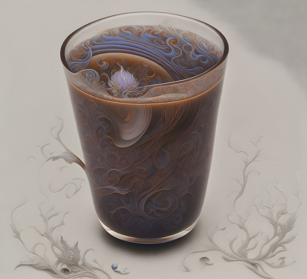Surreal transparent cup with blue and orange liquid swirls