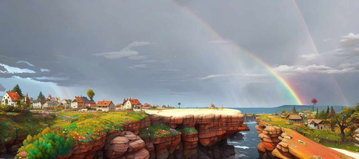 Scenic coastal village with rainbow, houses, and cliff view
