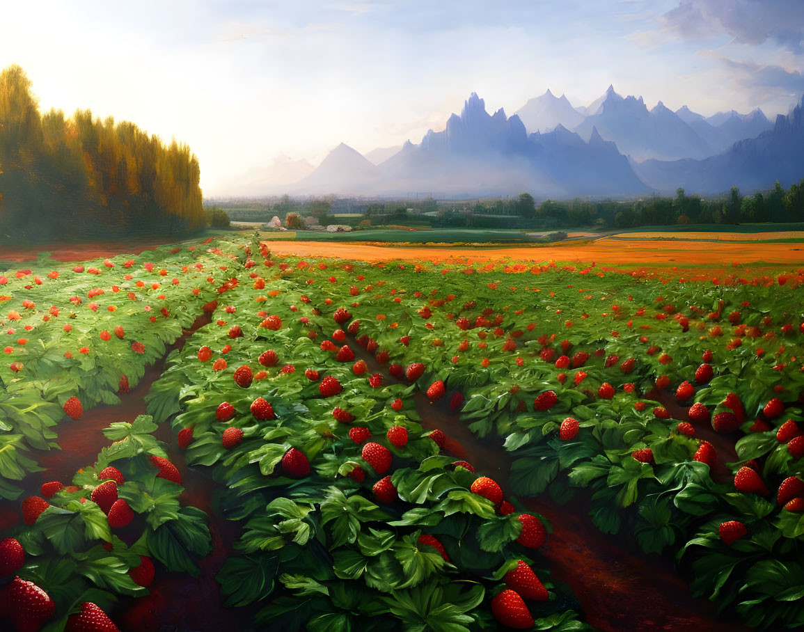 Ripe berries in strawberry field with hazy mountains at sunrise or sunset