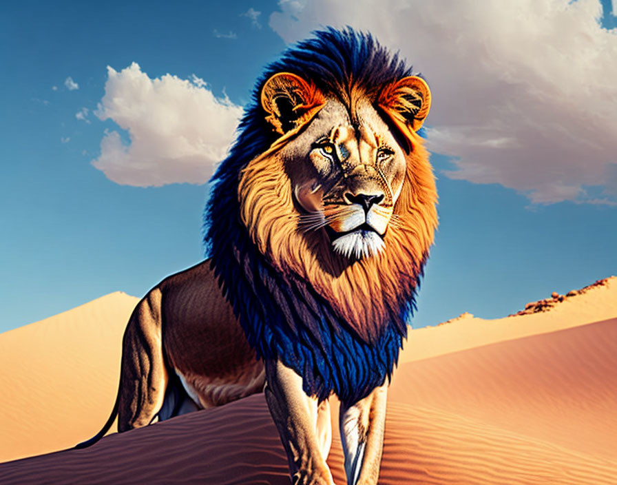 Colorful Lion Illustration with Blue and Orange Mane on Desert Dune