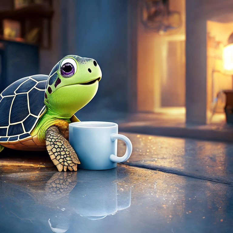 Expressive-eyed animated turtle at table with mug in cozy room.