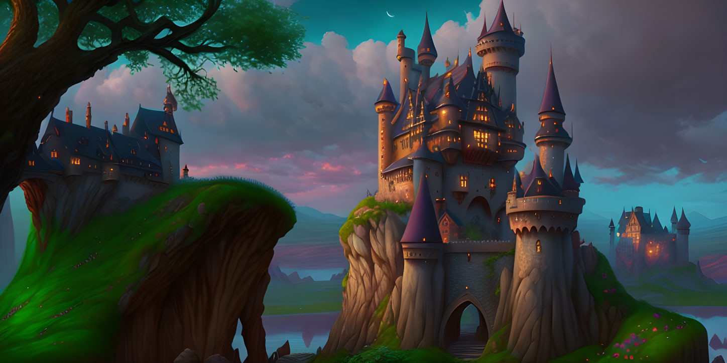 Majestic twilight castle with spires and ancient tree in lush landscape
