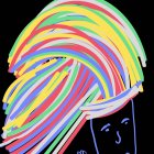 Vibrantly colored person with rainbow-streaked hair on black background