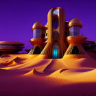 Sleek futuristic desert city with organic buildings and towering structure in purple sky