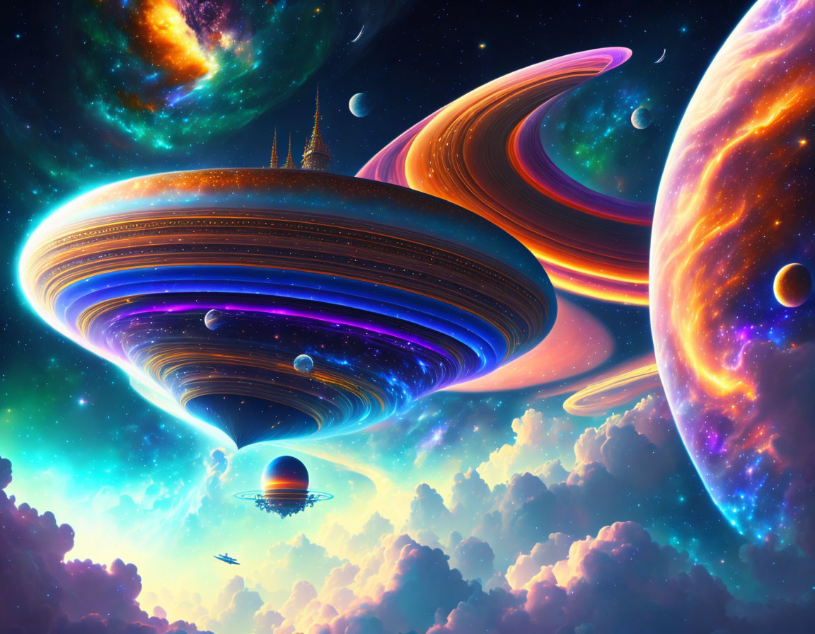 Colorful cosmic scene with UFO, nebulae, planets, and spaceship