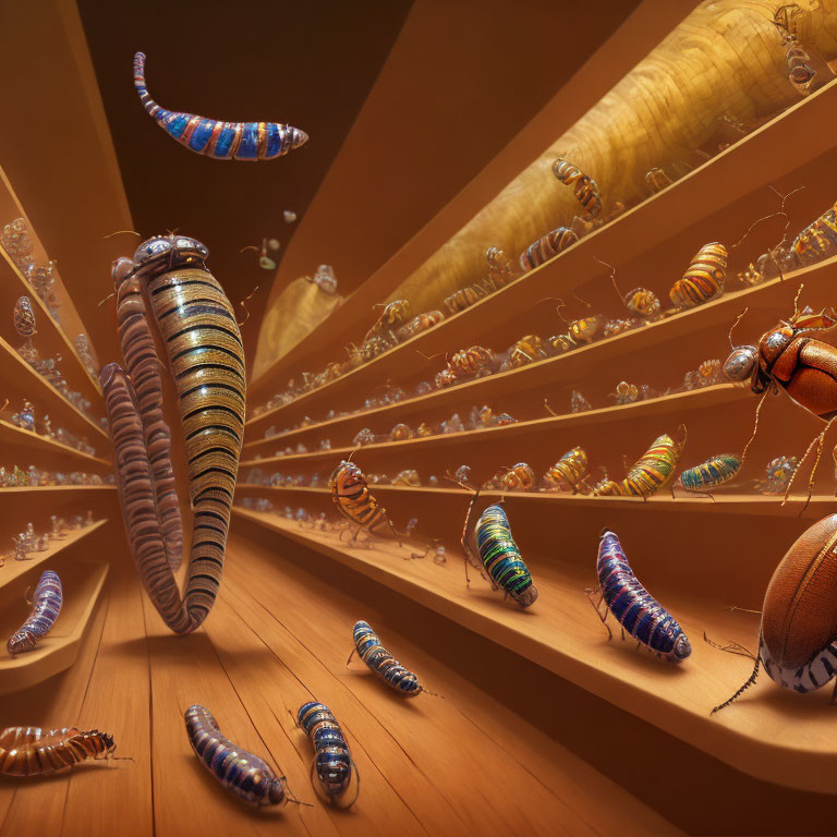 Colorful oversized insects in surreal corridor landscape