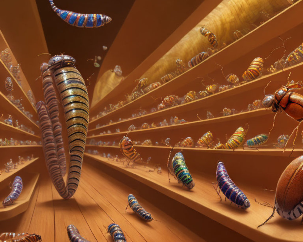 Colorful oversized insects in surreal corridor landscape