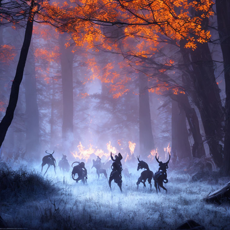 Autumn forest scene with deer silhouettes under glowing leaves