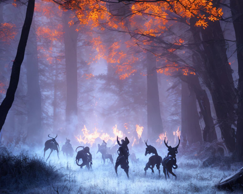 Autumn forest scene with deer silhouettes under glowing leaves