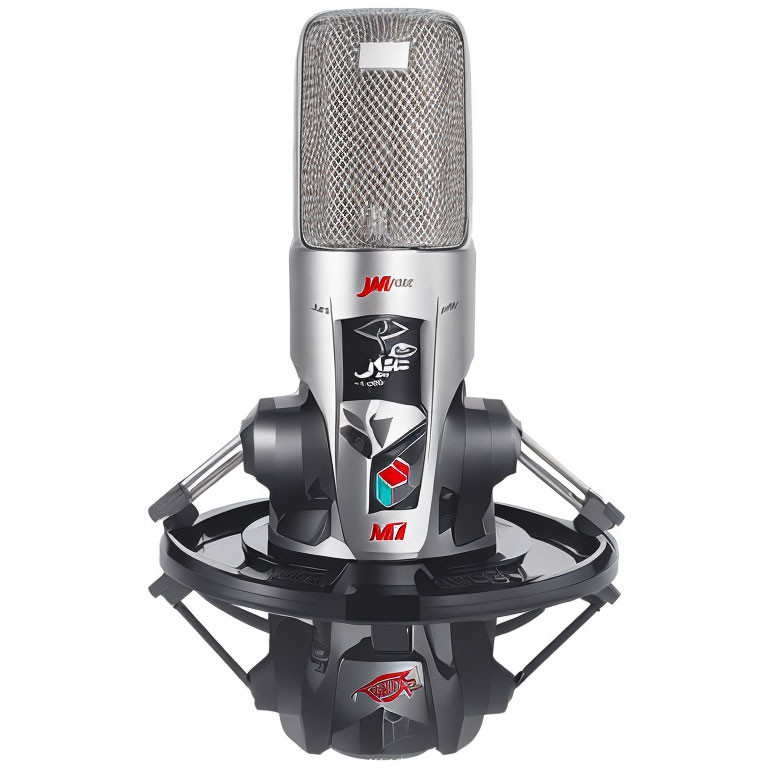Silver Studio Microphone with Shock Mount and Pop Filter, Red and Black Accents