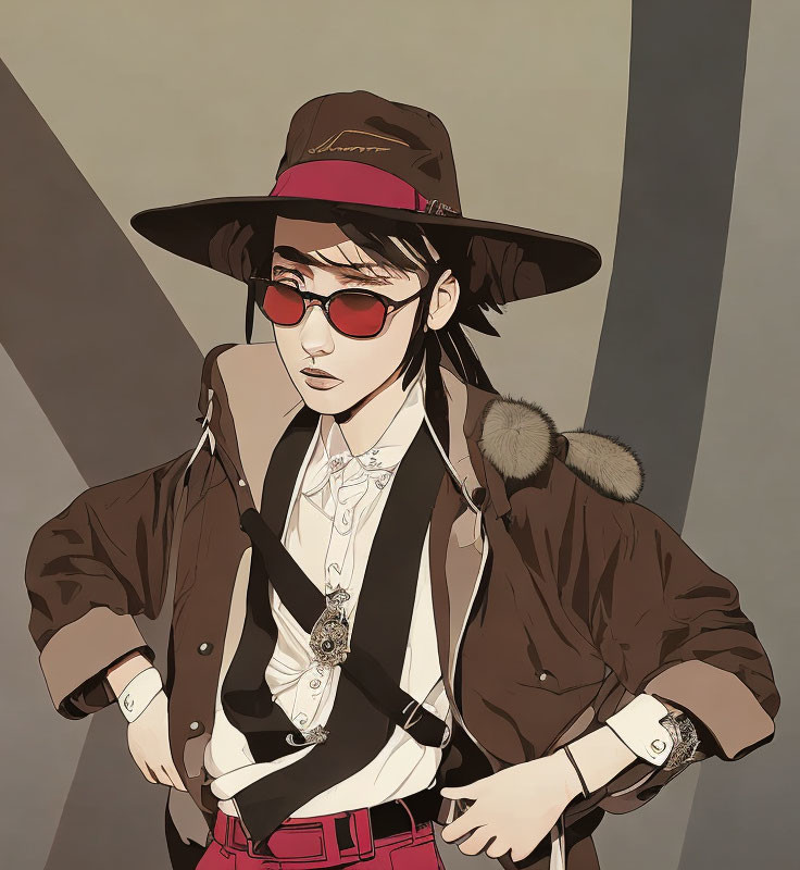 Fashionable person with wide-brimmed hat and red sunglasses in brown jacket and white shirt.