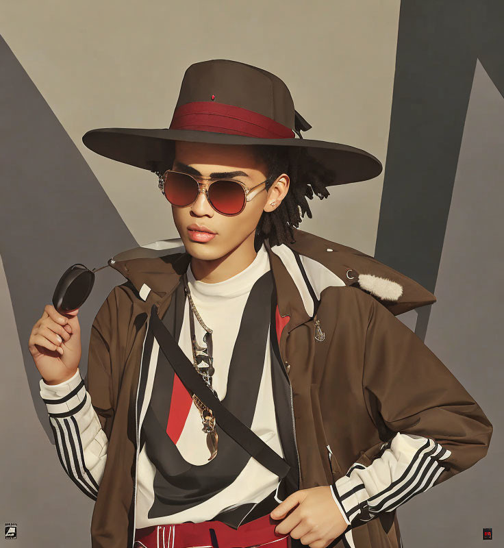 Confident person in sunglasses and hat with chic jacket against geometric backdrop