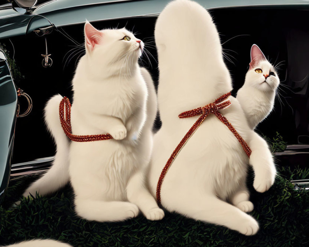 White fluffy cats with red collars and bows on grass, one attentive and the other curious.