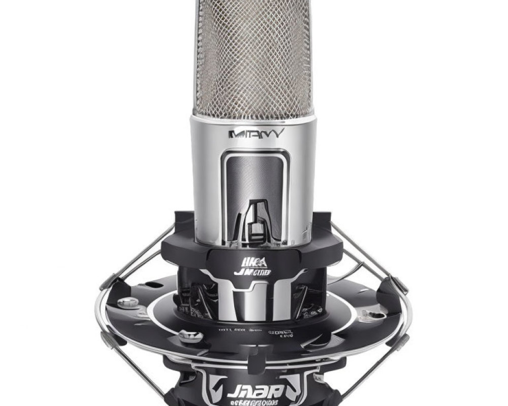 Silver Studio Microphone with Black Shock Mount on White Background