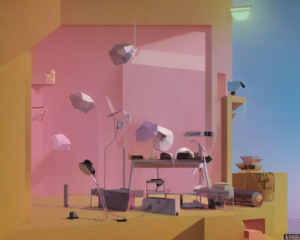 Pastel Pink and Yellow Surreal Room with Abstract Geometric Sculptural Objects